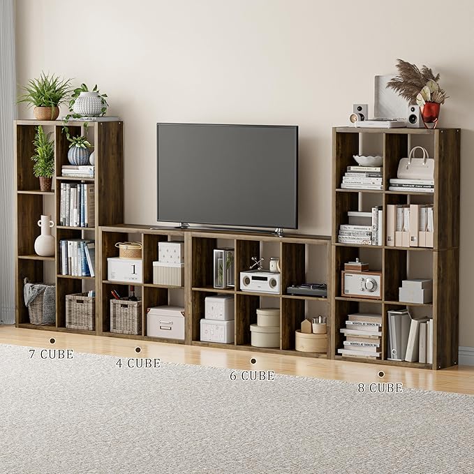 Cube Storage Organizer Bookcase, Decorative 11 inch Open Back Cubical Shelf with Thickened Border, Display Bookshelf for Living Room, Home Office, Sturdy Room (Brown, 6 Cube)