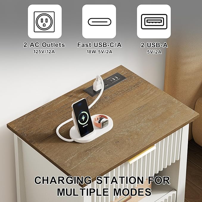 HIFYOBRO Fluted Nightstands Set of 2 with Charging Station & Motion Sensor Light, Modern Bedside Tables with 2 Drawers and Storage Shelf for Bedroom, White