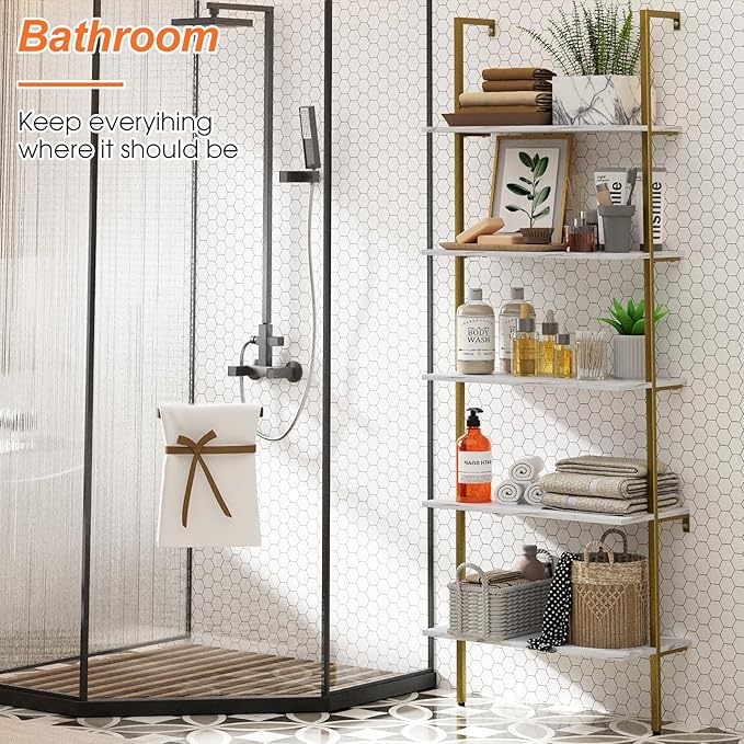 5 Tiers Ladder 2-Piece Shelf White Marble Modern Bookshelf Open Tall Wall Mount Bookcase Standing Leaning Wall Shelves Industrial Decorative