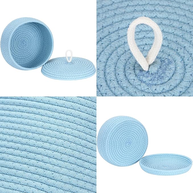 Sea Team Round Cotton Rope Storage Basket with Lid, Decorative Woven Storage Bin, Pot, Caddy, Organizer, Container for Snacks, Towels, Plants, 10 x 4.5 Inches (Small, Shallow, Blue)