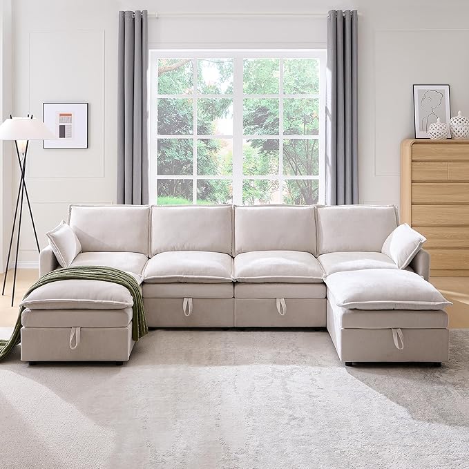 116.54" Sectional Couches for Living Room, Cloud Couch Sectional with Large Storage, U-Shape Modular Sectional Sofa with Ottoman,6 Seater Chenille Sofa with Pillow for Apartment, Bedroom, Beige