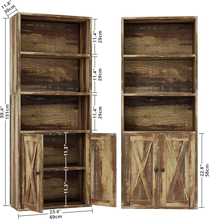 IRONCK Industrial Bookshelves and Bookcases with Doors 11.8 in Depth Set of 2 Floor Standing 5 Shelf Display Storage Shelves Bookcase Home Decor Furniture for Home, Office, Living Room, Bedroom
