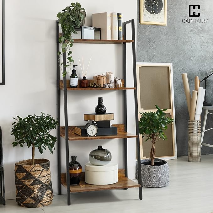 CAPHAUS 4 Tier Ladder Bookshelf, 24 Inch Width Free Standing Shelf, Bookcase Shelf Storage Rack Organizer, Industrial Book Shelves for Home Office, Living Room, Kitchen, Rustic Oak, Vintage Shelves