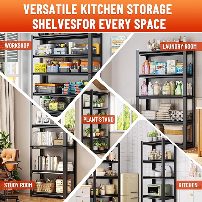 5-Tier Metal Storage Shelves,Adjustable Heavy Duty Shelving Units,Kitchen Shelves Organizer,2750 LBS,Standing Shelf for Pantry Garage Laundry Room (Black, 71" H*45.3" W*15.8" D)