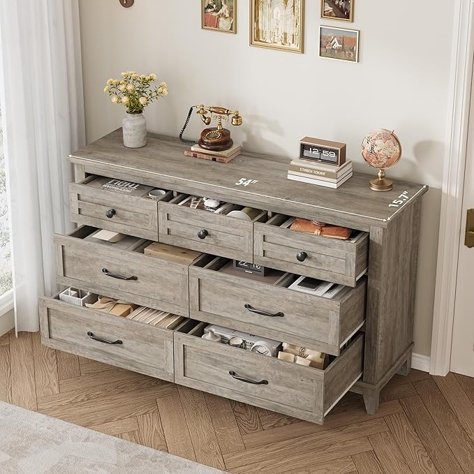 GarveeHome 7 Dresser for Bedroom, 54 in Wide Drawer Dresser with Storage Freestanding, Wooden Closet Storage Chest for Living Room, Bedroom, Entryway, Ash Grey