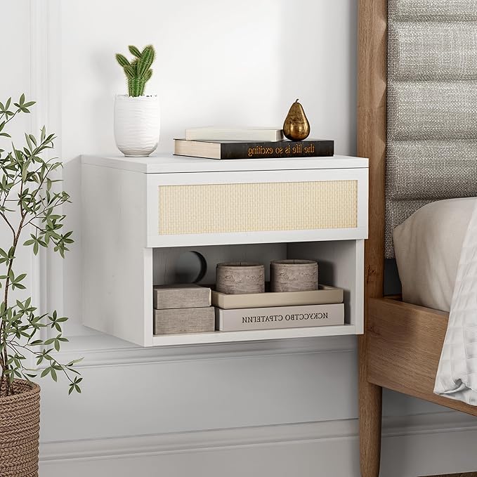 Rattan Floating Nightstands Set of 4, Wall Mounted End Table with Drawer and Open Compartment Modern Wood Bedside Night Stand Storage Cabinet for Bedroom Living Room, Antique White