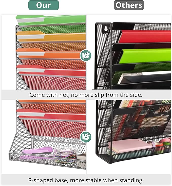 File Organizer Wall Mounted 4 Tiers Durable Adjustable Metal Vertical Hanging With 4 Pen Slots Stable R-shaped Bottom 4 Pull-out Devider to Sort File, Mail, Newspaper,Pen, Suitable for Office, Silver