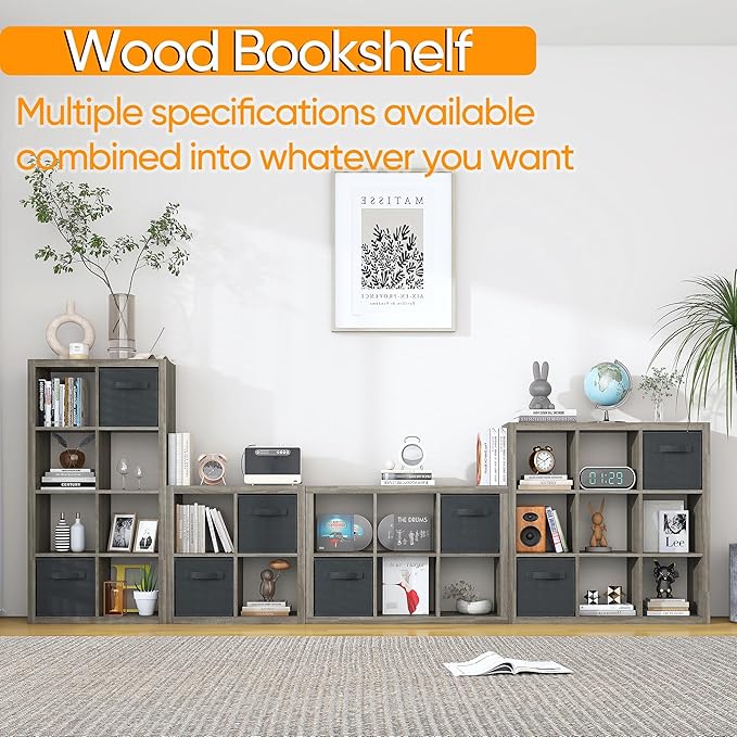 furtble Bookshelf with Storage Bins, 12-Cube Storage Organizer, Modern Wood Open Bookcase, Multifunctional Display Shelf for Living Room, Bedroom, Home Office, Gray Oak