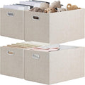 Posprica Closet Storage Bins, 4 Pack Large Closet Shelf Organizers, Linen Fabric Decorative Storage Baskets for Organizing, Foldable Storage Box for Clothes, Toy, 16.5x12x10.25 Inch (Beige)