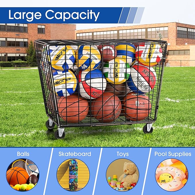 Mythinglogic Rolling Ball Storage Cart, Ball Storage Bin with Lockable Lid, Garage Organizer Made of Steel, Suitable for School Sport Equipment Storage