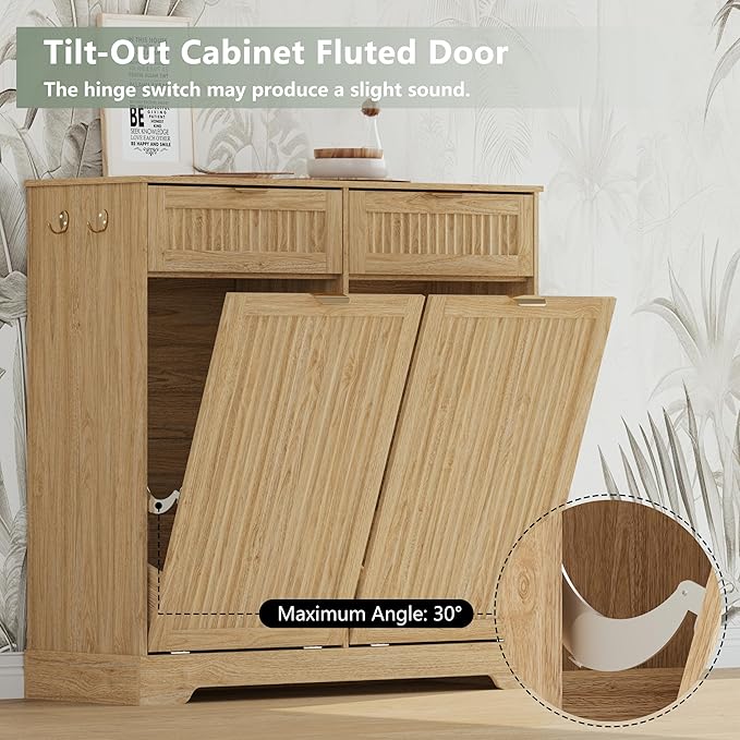 2 x 13 Gallons Double Tilt Out Trash Can Cabinet, Wooden Fluted Trash Garbage Can Cabinet with 2 Drawers, Hidden Laundry Hamper with Hooks for Kitchen Living Room, Natural Oak