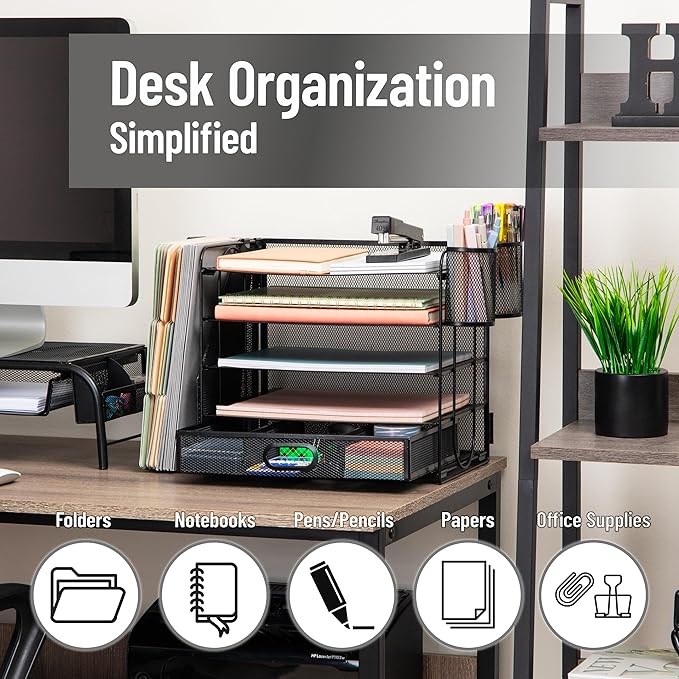 Mind Reader Mesh Desk Organizer, 4 Trays, 1 Drawer, File Holder, 2 Pen Cups, Office Desktop Organizer, Metal Mesh, Black