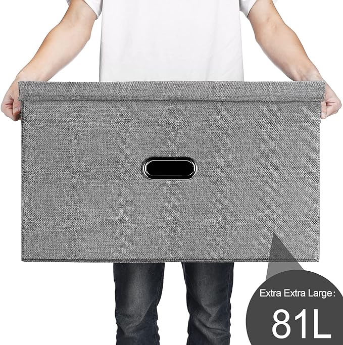 Large Linen Fabric Foldable Storage Bins with Removable Lid and Handles, Washable Storage Box Organizer Containers Baskets Cube with Cover for Bedroom,Office(Green, XXL(2-Pack))