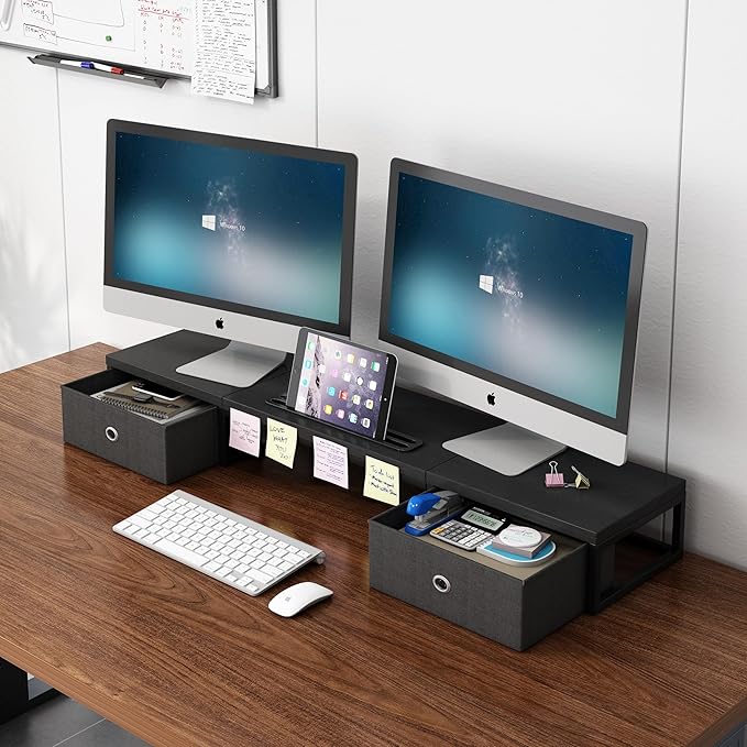 Dual Monitor Stand Riser with 2 Drawers - 39Inch Large Storage Computer Monitor Stands for 2 Monitors, Wooden Desktop Organizer Perfect for Home Office Desk, Computer, Laptop, TV, Black
