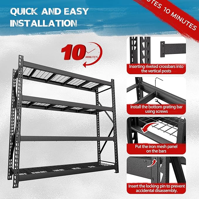 BlueWish 8000LBS Storage Shelves, 91 "W x 24 "D x 87 "H 4-Tier Adjustable Metal Shelving Units and Storage for Garage, Warehouse, Basement, Black