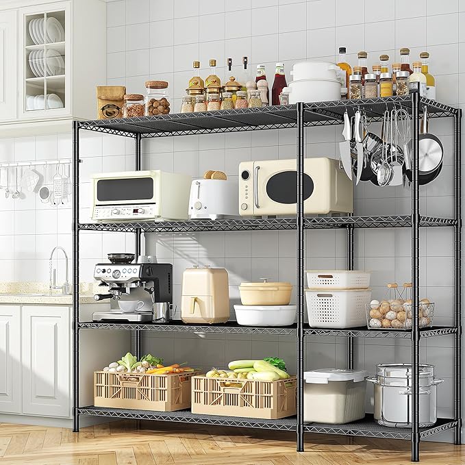 RRomorgniz 52.4W Wire Shelving Rack, 4Tier Metal Shelving Unit,1120LBS Heavy Duty Storage Shelves,Adjustable Pantry Shelves, Metal Shelf and Storage Rack,Industrial Shelving 52.4Wx13.8Dx59H,2PCS