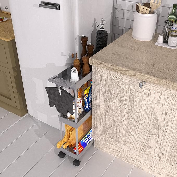 Simple Houseware 3-Tier Slim/Narrow Storage Cart with Handle, 5.5'' Wide x 26.5'' Height Rolling Organizer for Kitchen, Bathroom, Laundry Room - Grey