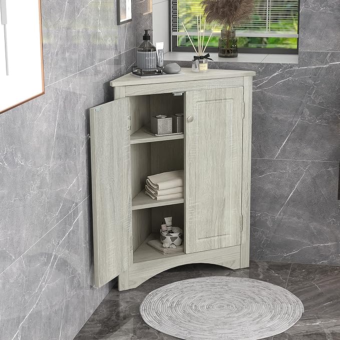 GDFStudio 31.5" H Triangle Corner Bathroom Storage Cabinet with Adjustable Shelves,Freestanding Floor Cabinet for Small Spaces,Water-Resistant Cabinet Modern Organizer for Home,Kitchen,Hallway, Oak