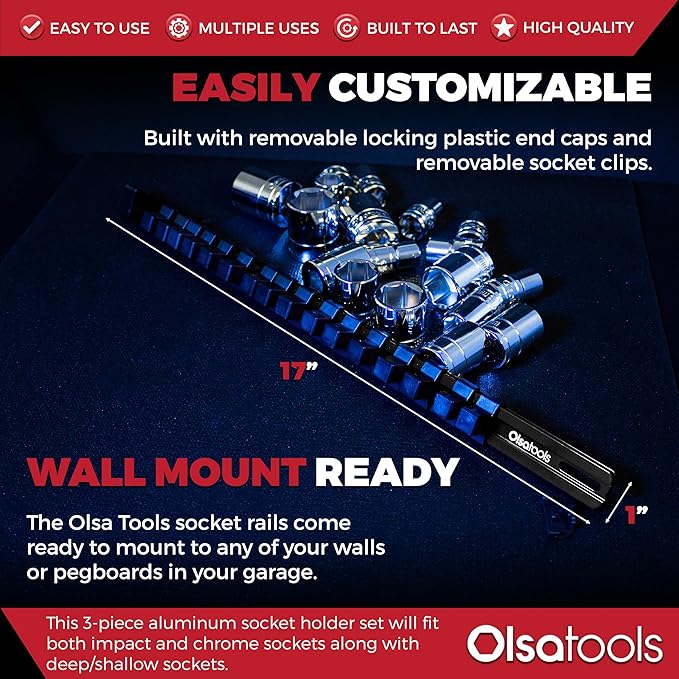 Olsa Tools Aluminum Socket Organizer, 3pc Set - Locking End Caps - 1/4-Inch Drive x 24 Clips, 3/8-Inch Drive x 18 Clips, 1/2-Inch Drive x 16 Clips - Professional Grade - Black - Part: 1181