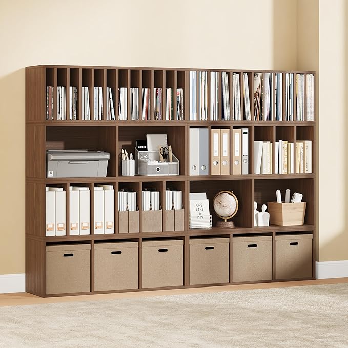 IOTXY DIY Modular Cube Bookcase - CubeXY Customizable Stackable Expandable Combination Set, 23-Cube Open Bookshelf for Books, Fabric Storage Bin, and Vinyl Record Organizer, Walnut