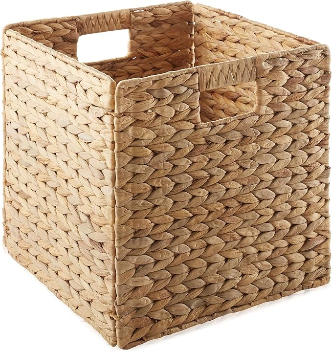 Casafield 13" x 13" Water Hyacinth Storage Baskets, Natural - Set of 4 Collapsible Cube Organizers, Woven Bins for Bathroom, Bedroom, Laundry, Pantry, Shelves