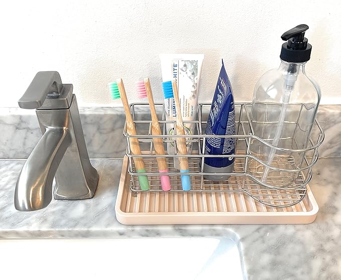 Happitasa Silicone Kitchen Sink Organizer Tray, Sponge Holder and Countertop Protector | Bathroom and Kitchen Soap Dish and Dispenser Tray (Sand Dollar, 10" x 5.25", 10.3 Ounces, Zigzag)