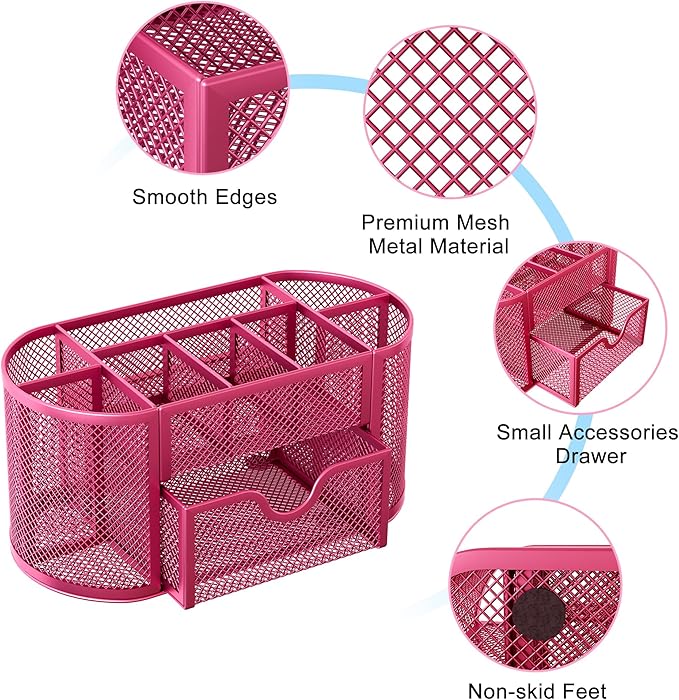 EasyPAG Mesh Pen Holder Desk Organizer with Drawer Stationery Supplies Organizer for Dorm School 9 Compartments Workspace Desk Accessories Organization for Office, Hot Pink