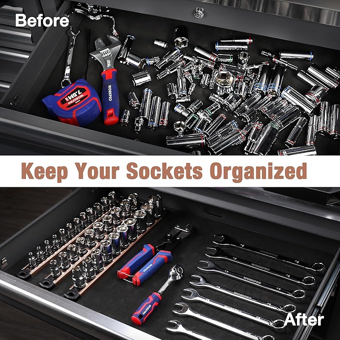 WORKPRO Magnetic Socket Organizer, 1/2-Inch Drive Aluminum Alloy Socket Rail, Heavy Duty Socket Holder, Socket Rack Kit 1/2-Inch x 10 Clips Champagne (Socket not Included)