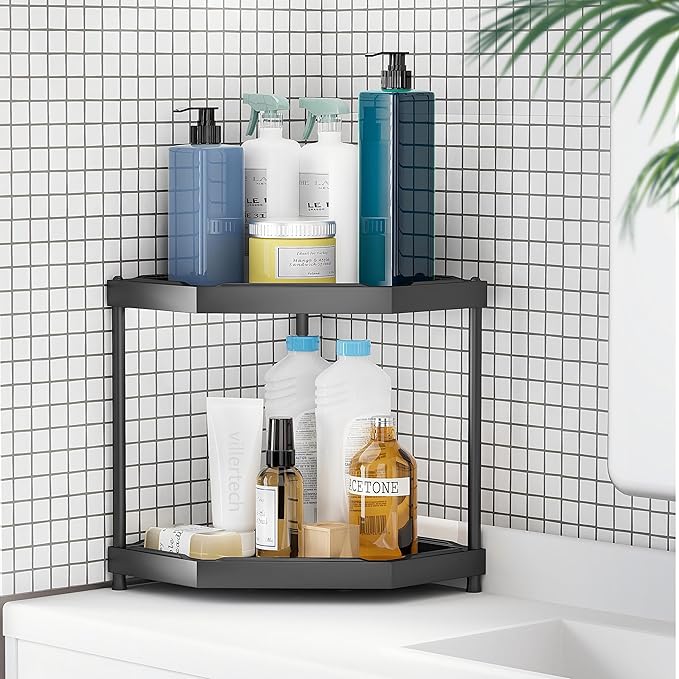 Kitchen Corner Shelf Countertop 2 Tier Bathroom Counter Organizer Cabinet Corner Storage Shelf Spice Rack Makeup Organizer Under Sink Organizer Black