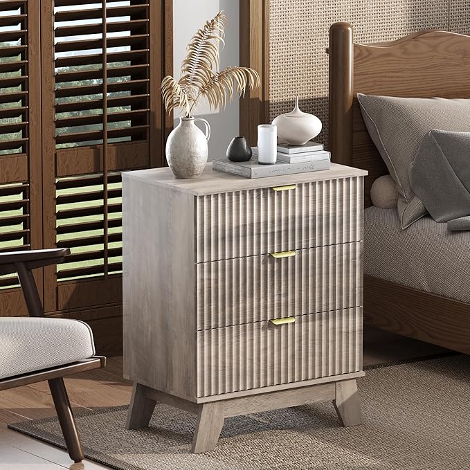 Night Stand Set 2, Bedside Table & End Table, Mid Century Modern Fluted Wood Nightstand with 3 Drawers & Metal Handles, Farmhouse Nightstand for Bedroom, Grey