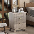 Grey Night Stand with 3 Drawers, Bedside Table & End Table, 24" Wide Mid Century Modern Fluted Wood Nightstand with Metal Handles, Farmhouse Night Stands for Bedroom, Gray