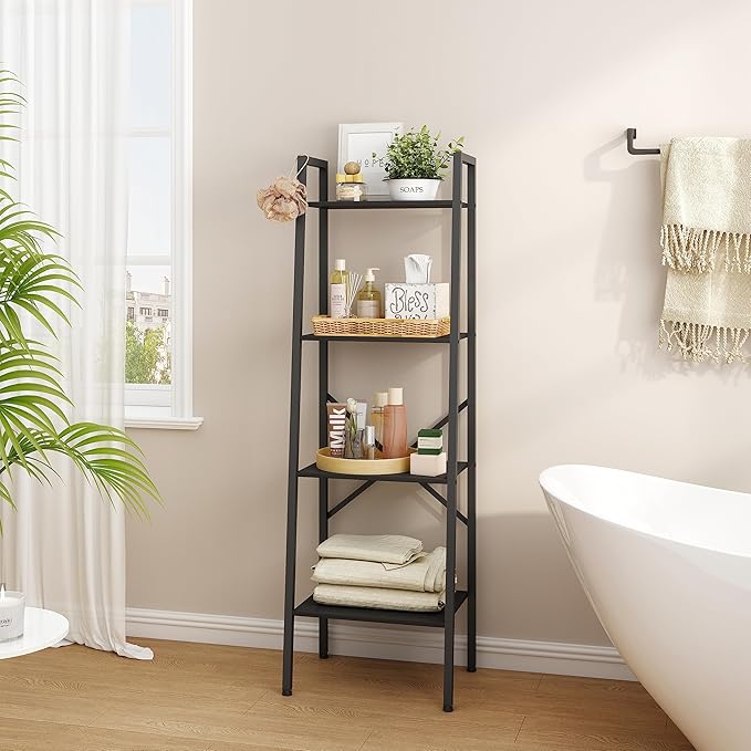 Hoctieon 4-Tier Industrial Ladder Bookshelf, Narrow Ladder Shelf, Tall Standing Bookshelf, Skinny Open Ladder Shelf, for Living Room, Home Office, Kitchen, Bedroom, Metal Frame, Black