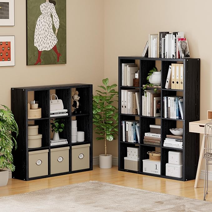 Cube Storage Organizer Bookcase, Decorative 11 inch Open Back Cubical Shelf with Thickened Border, Display Bookshelf for Living Room, Home Office, Sturdy Room (Black, 12 Cube)