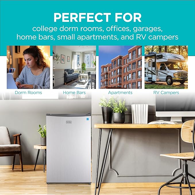 BLACK+DECKER 4.3 Cu. Ft. Compact Refrigerator, ENERGY STAR Certified, Single Door Mini Fridge with Chiller Compartment, Personal Fridge for Home or Dorm Room, BCRK43V, Stainless Look