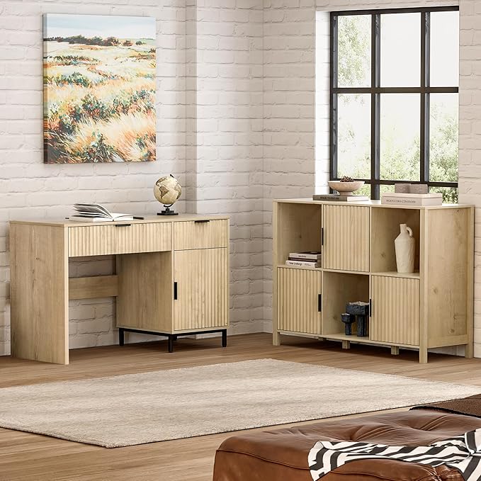 Fluted Storage Bookshelf, Modern Wood Freestanding Bookcase with Doors and Open Shelf, 2-Tier Short Organizer Shelf for Living Room, Bedroom Light Oak