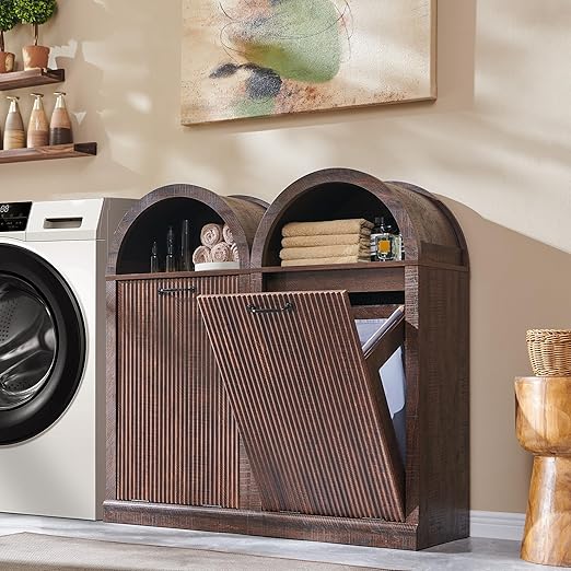 Arched Tilt-Out Trash Can Cabinet, Fluted 10 Gallon Trash Can Cabinet Set of 2, Modern Laundry Hamper, Hidden Garbage with Storage Basket for Kitchen, Living Room, Brown