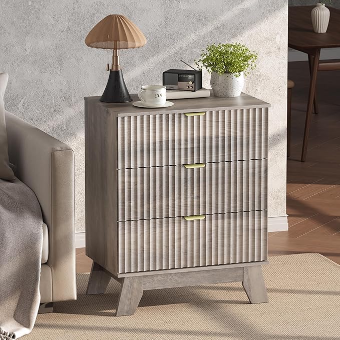 Night Stand Set 2, Bedside Table & End Table, Mid Century Modern Fluted Wood Nightstand with 3 Drawers & Metal Handles, Farmhouse Nightstand for Bedroom, Grey