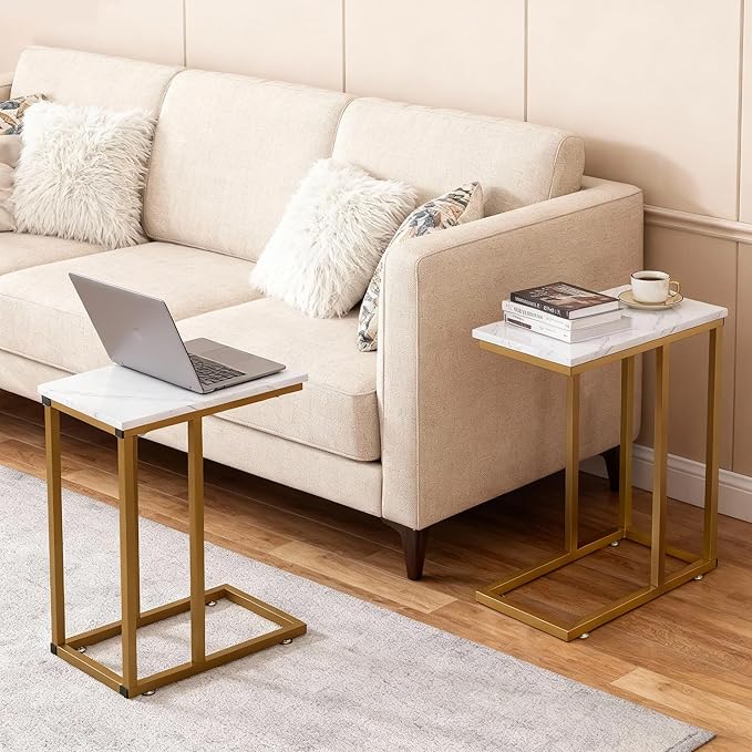VECELO C Shaped End Side Table for Sofa Couch and Bed Snack TV Tray for Living Room Bedroom, 2 PCS, Gold