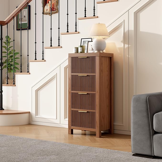 4-Drawer Modern Solid Wood Dresser with Fluted Front & Gold Handles, Multifunctional Tall Storage Chest, for Hallway, Entryway, Walnut Oak