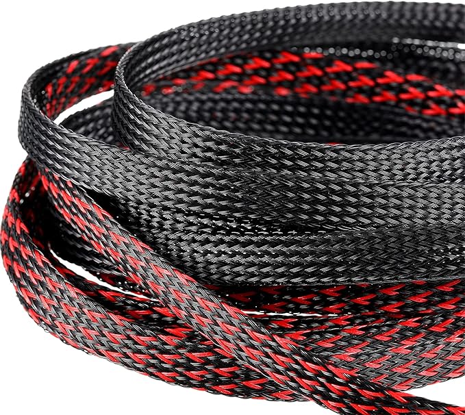 Xuniea 96ft Wire Loom Braided Cable Sleeve Covers Cord Management with 127 Pcs Tube Heat Shrinkable for Audio Video Cable Cord Protectors from Pets (1/2, 1/4, 3/8 Inch,Black and Red)