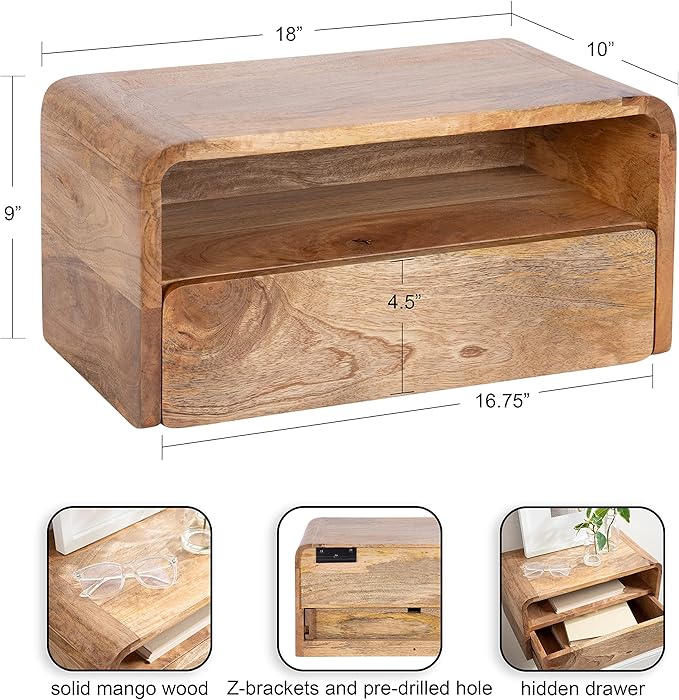 Kate and Laurel Kato Transitional Wood Floating Side Table with Drawer, 18 x 10 x 9, Natural Brown, Modern Wooden Floating Nightstand for Bedroom Bedside Table