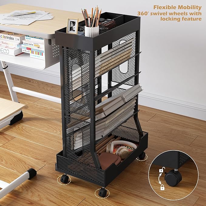 Book Cart with Wheels Mobile Bookshelf Rolling Bookshelf Organizer Bookcase Book Storage Rack, Book Movable Rolling Carts with Wheels for Office School, Black