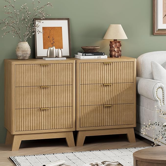 Fluted Nightstand with 3 Storage Drawers, 24" Wide Wood Bedside Table with Mental Handle, Mid Century Modern Wooden Side Table Night Stand, Curved End Table for Bedroom, Living Room, Oak
