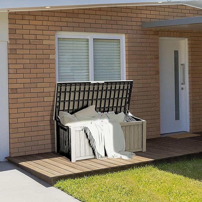150 Gallon Resin Deck Box, Waterproof Outdoor Storage Box for Patio Furniture, Garden Tools, and Pool Accessories, Lockable UV-Resistant Storage Bin Bench Cabinet for Outside, Grey