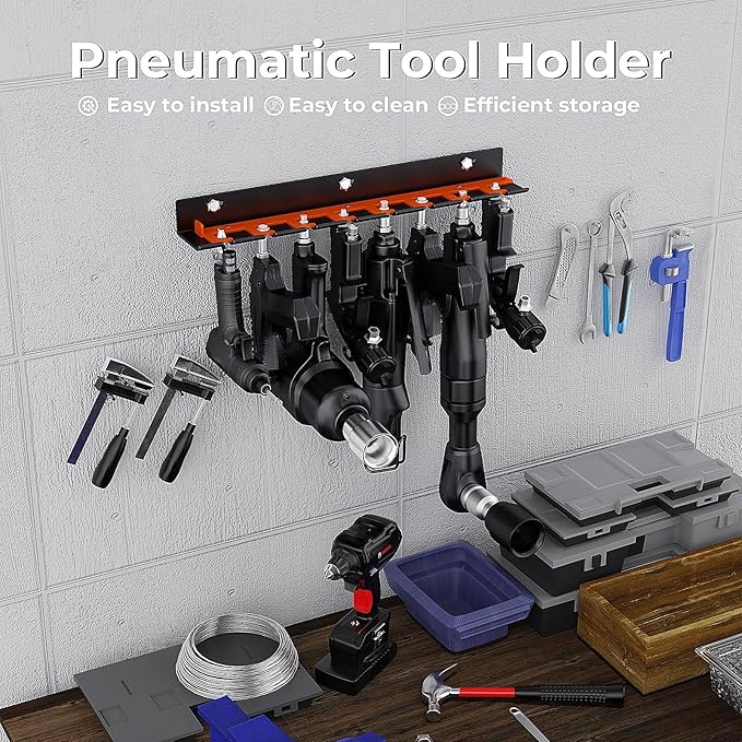 Air Tool Holder, Air Tool Rack for Garage Walls and Tool Cart Storage Organizer，Wall Mounted Lockable Pneumatic Tool Hanger for Air Compressor Tools, Pneumatic Nail Gun, Black-8 Slots