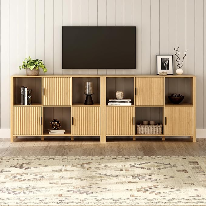Fluted Storage Bookshelf Set of 2, Modern Wooden 6 Cube Bookcase with Doors and Open Shelf, 2-Tier Short Organizer Book Shelf for Living Room, Bedroom Natural Oak