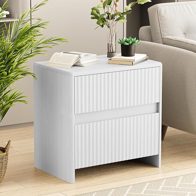 Fluted Nightstand, 23" Wood Bedside Table with 2 Storage Drawers, Modern Night Stand for Bedroom, Office, White