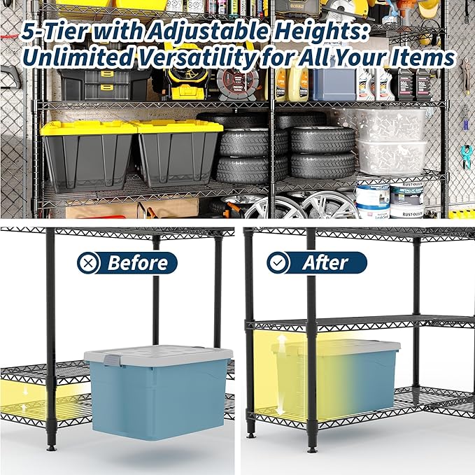 Garvee Metal Storage Shelves Heavy Duty Metal Shelving, 5-tier Wire Shelving Unit Shelves for Storage, Adjustable Shelf Organization for Garage Pantry Kitchen Commercial Basement, 70.8"W*15.8"D*70.5"H