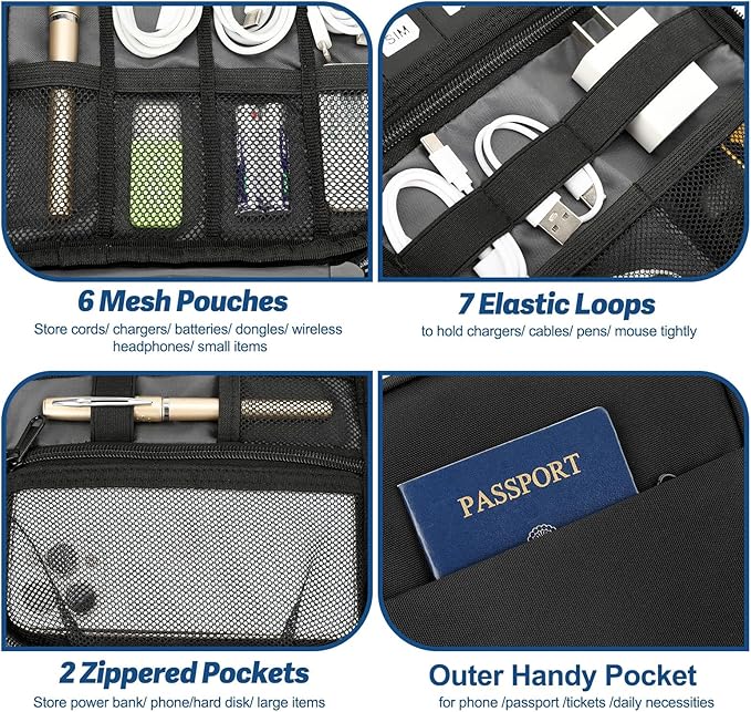 Electronic Organizer Travel Case, All-in-One Portable Cable Organizer Bag for Storage, Cord Organizer Tech Accessories for Cables, Chargers, Power Bank, Flash Drive, SD Card