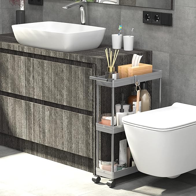 Simple Houseware 3-Tier Slim/Narrow Storage Cart with Handle, 5.5'' Wide x 26.5'' Height Rolling Organizer for Kitchen, Bathroom, Laundry Room - Grey